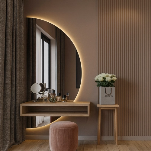 Lustro LOVERS DUO – zestaw 2 półokrągłych luster LED bez ramy do sypialni, łazienki, przedpokoju i nowoczesnych wnętrz